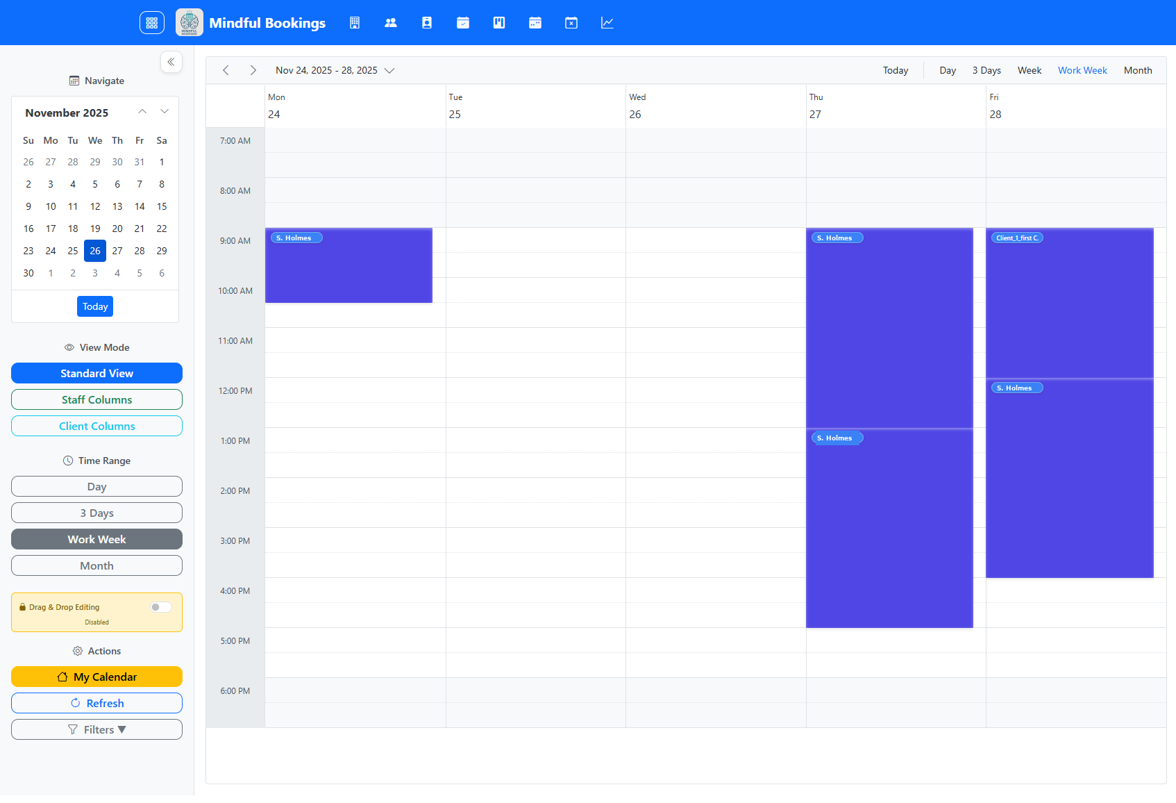 Calendar view — weekly schedule with drag-and-drop editing